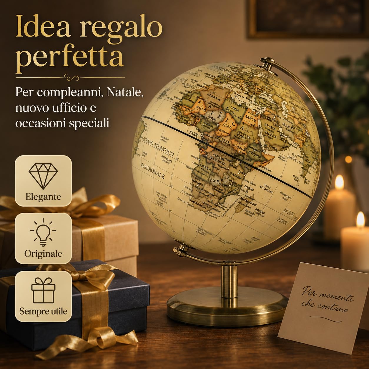 Exerz Mappamondo Antico 14cm Mappa Italiana Supporto Metallo Bronzo | Compatto per scrivania studio e libreria con finitura ideale per bambini adulti casa ufficio e regali Globo Terrestre Antico