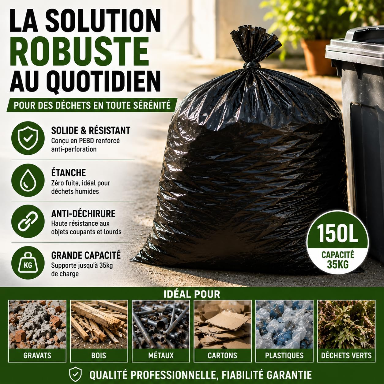Bolsa de basura reforzada 150L | 50 bolsas ultra resistentes PEBD | Capacidad 35kg | Bolsa profesional antifugas y antidesgarros | Residuos pesados y cortantes | Trabajos, Oficinas, Comercios