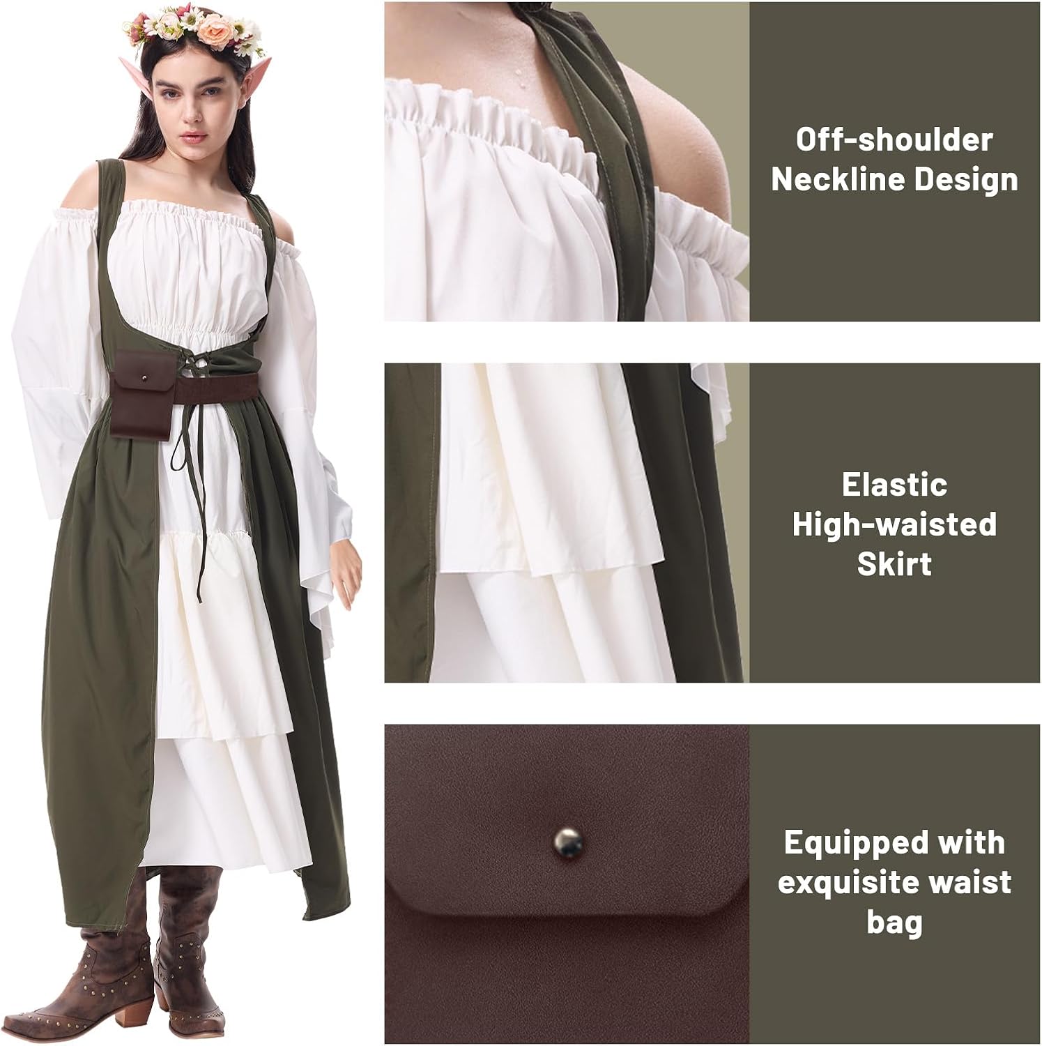 Renaissance Costume for Women Medieval Fairy Fancy Dress Belt Pouch Accessories Halloween Victorian Cosplay Outfit