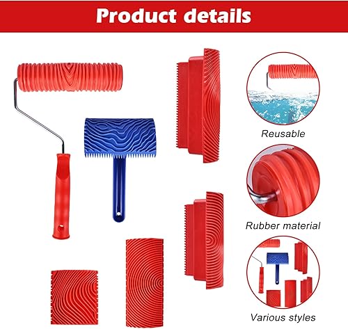 Miniatura 7 de Juego de herramientas de grano de madera, 6 rodillos de pintura de grano de madera, herramienta de granulado de pintura con mango, herramienta de