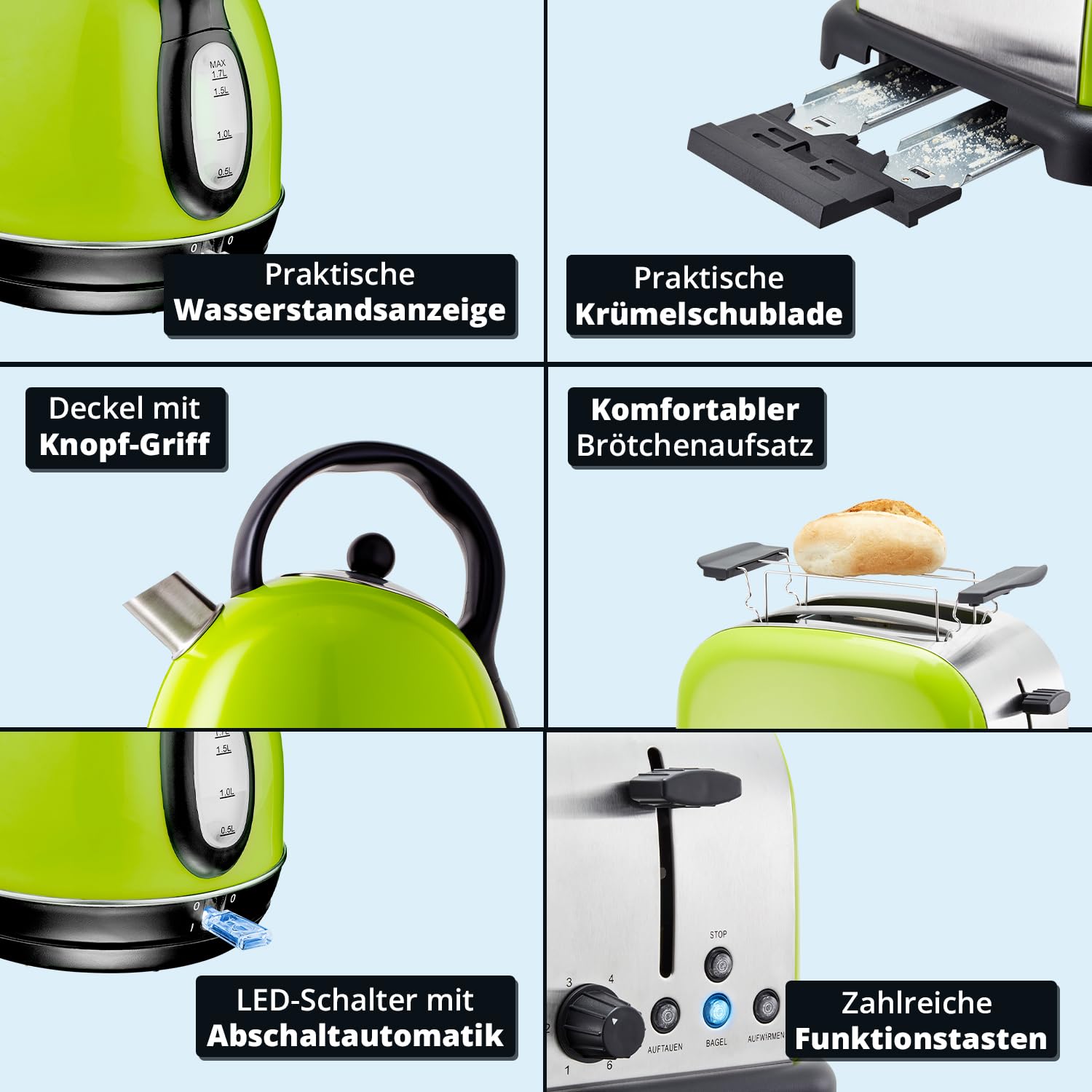 KHG Retro Frühstücksset 2-teilig Toaster 2 Scheiben 850W Wasserkocher 1,7L 2200W Lime Grün