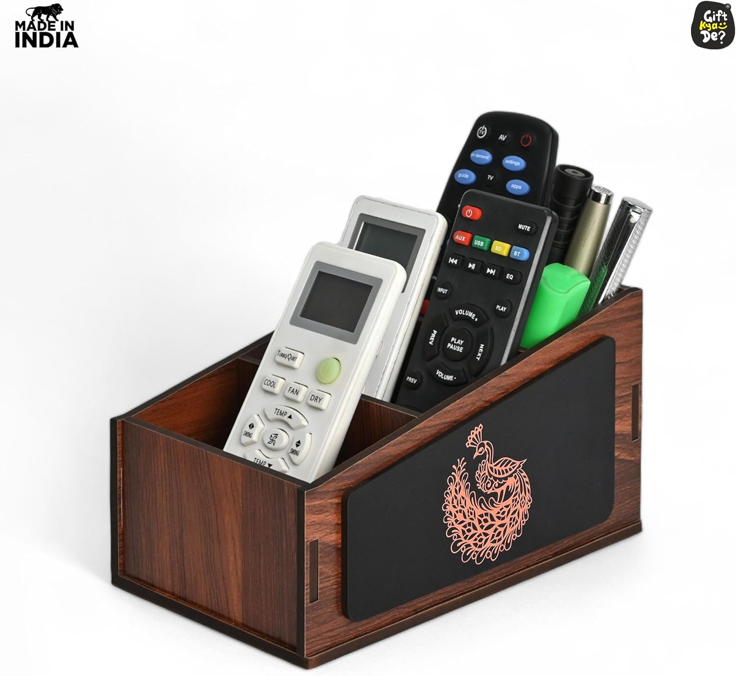 GKD Remote Stand with 3 Sections | Wooden Remote Holder for Living Room, TV and AC | Stationary Organizer | 3 in 1 | Ideal for Home and Office, New Year Gift, Housewarming Gift (Peacock Wood)