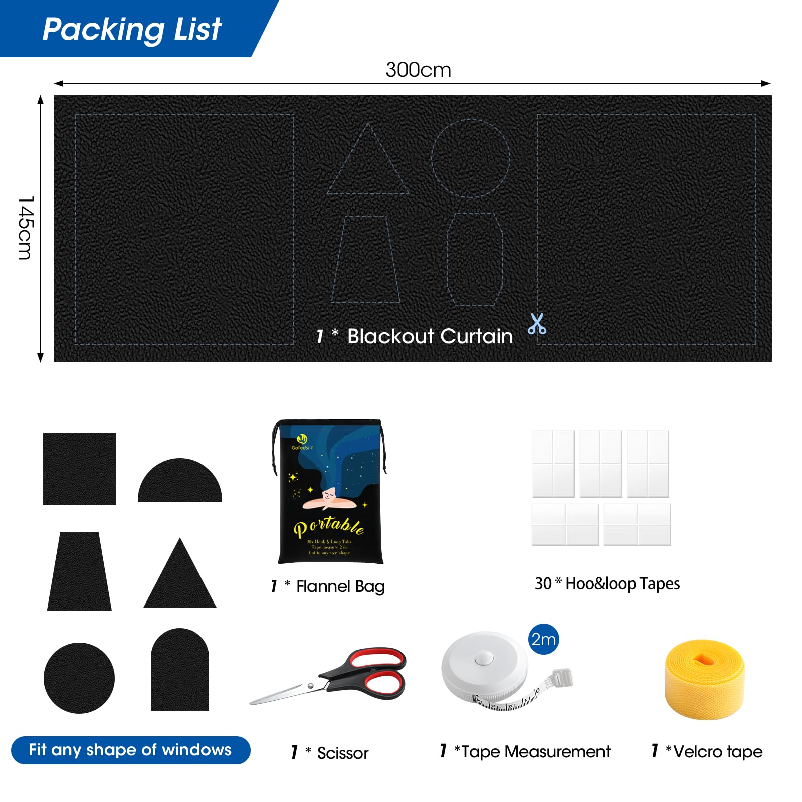 Tenda oscurante per finestra senza fori, 300 cm x 145 cm, oscurante per lucernario, da viaggio, tenda oscurante senza fori, con 30 velcro, taglio libero