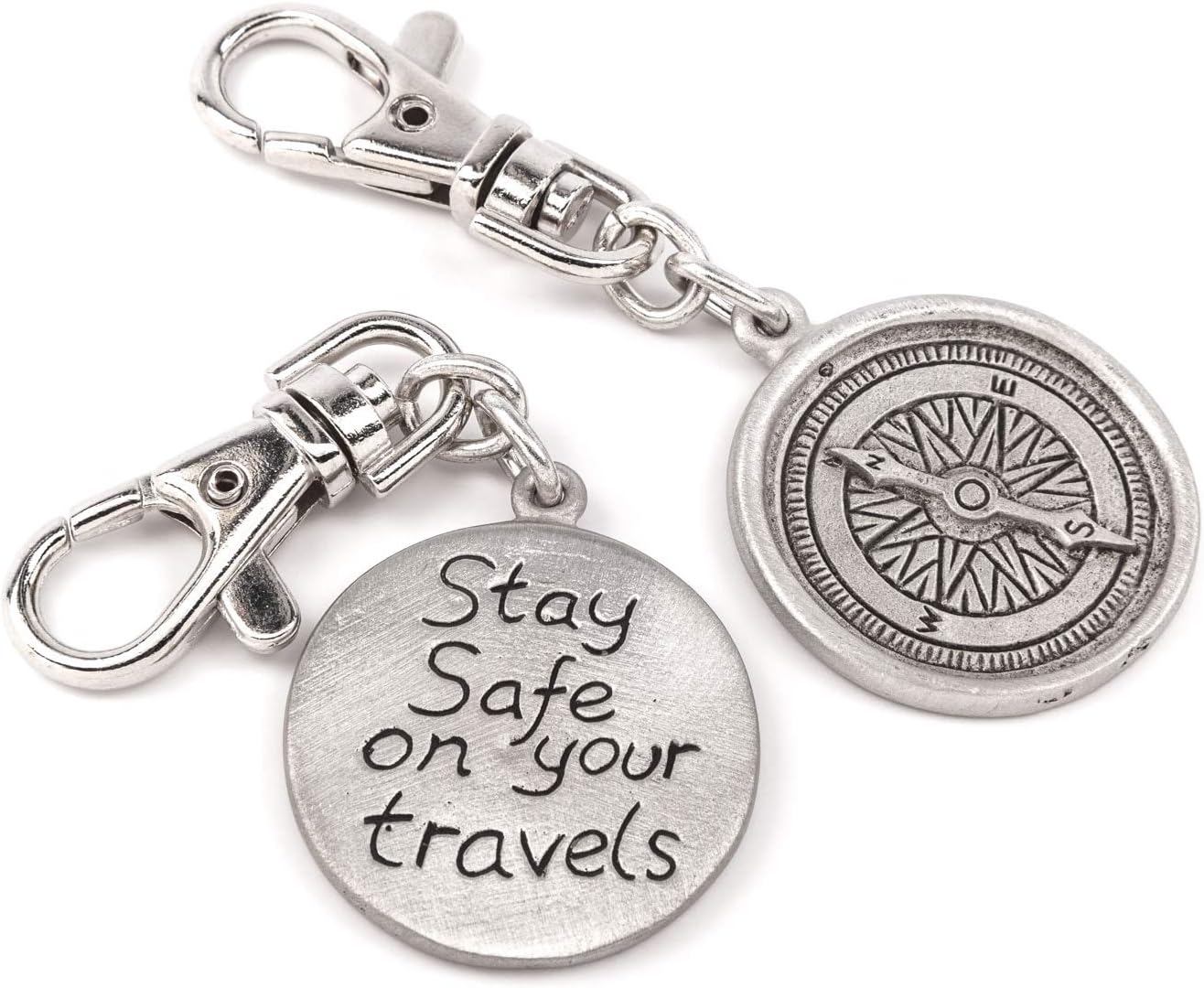 Travel Clip on Compass Design Metal Bag Charm with Stay Safe on Your Travels Message