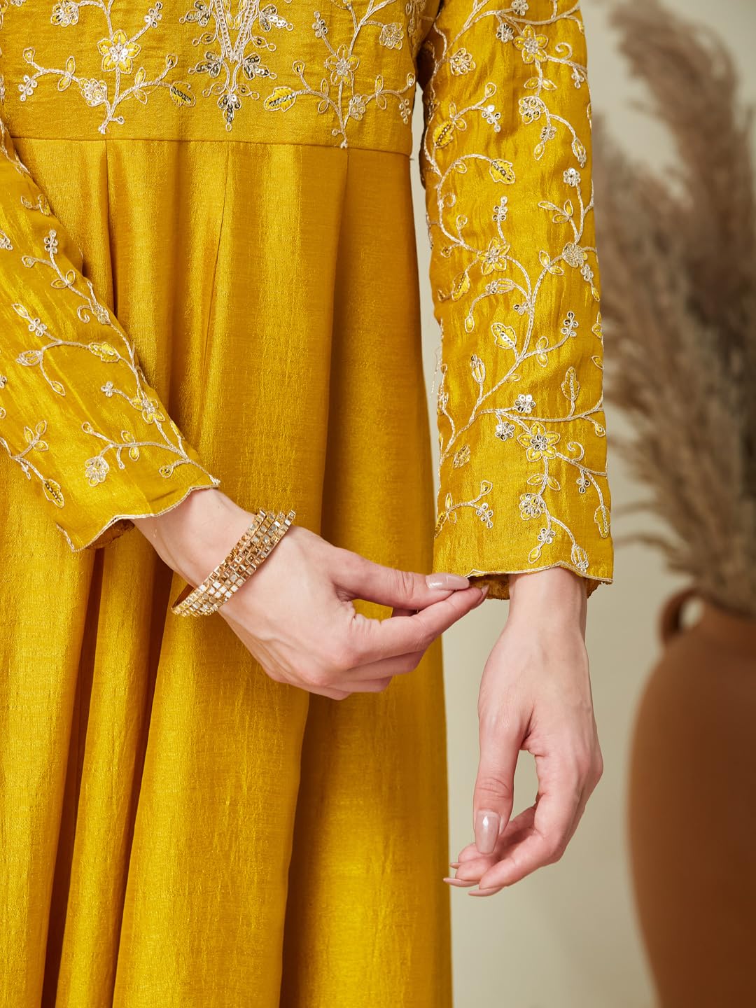 MOKOSH Women's Embroidered Mustard Anarkali and Pant with Dupatta Set-471-02-L - Image 4 thumbnail