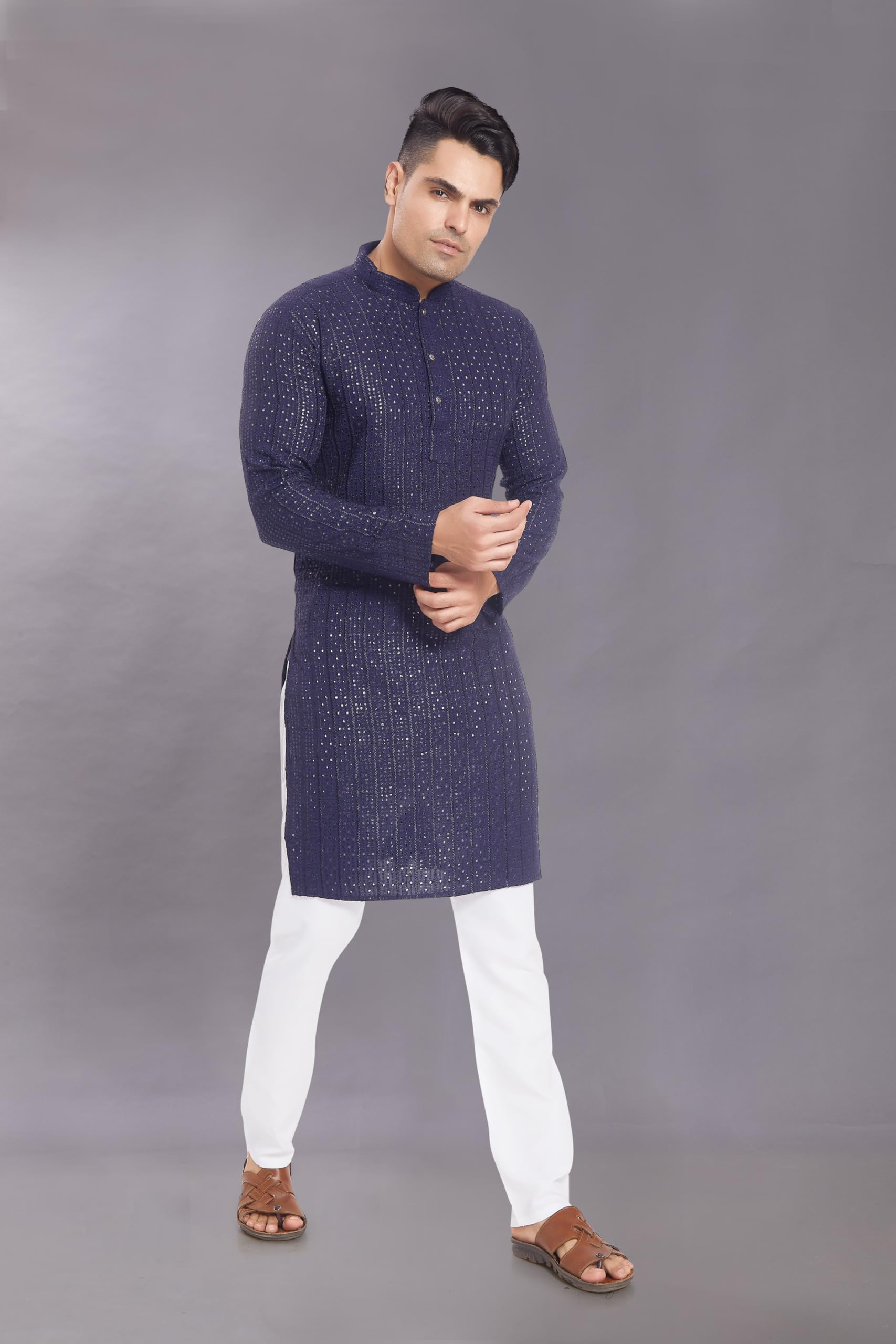 Divisive Men's Embroidered Cotton Blend Only Slim Fit Kurta (Dkrt371_Xl_Navy Blue)