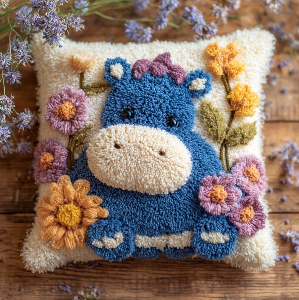 AxiangziK Latch Hook Pillow Craft Kit,Hippopotamus and Flower