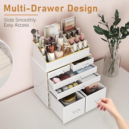 Miniatura 3 de Delamu Organizador de maquillaje de 3 niveles y 6 cajones para encimera, organizador de cosméticos para tocador y tocador, organizador de baño,