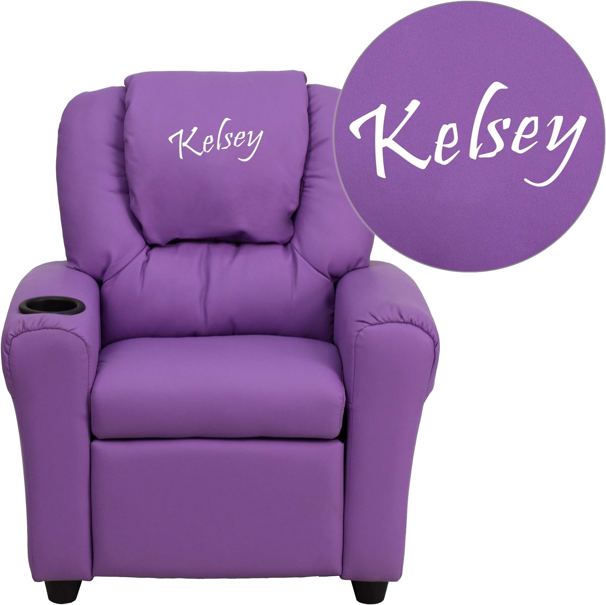Flash FurnitureLavender DG-ULT LAV-TXTEMB-GG: Personalized Vinyl Kids Recliner with Cup Holder and Headrest