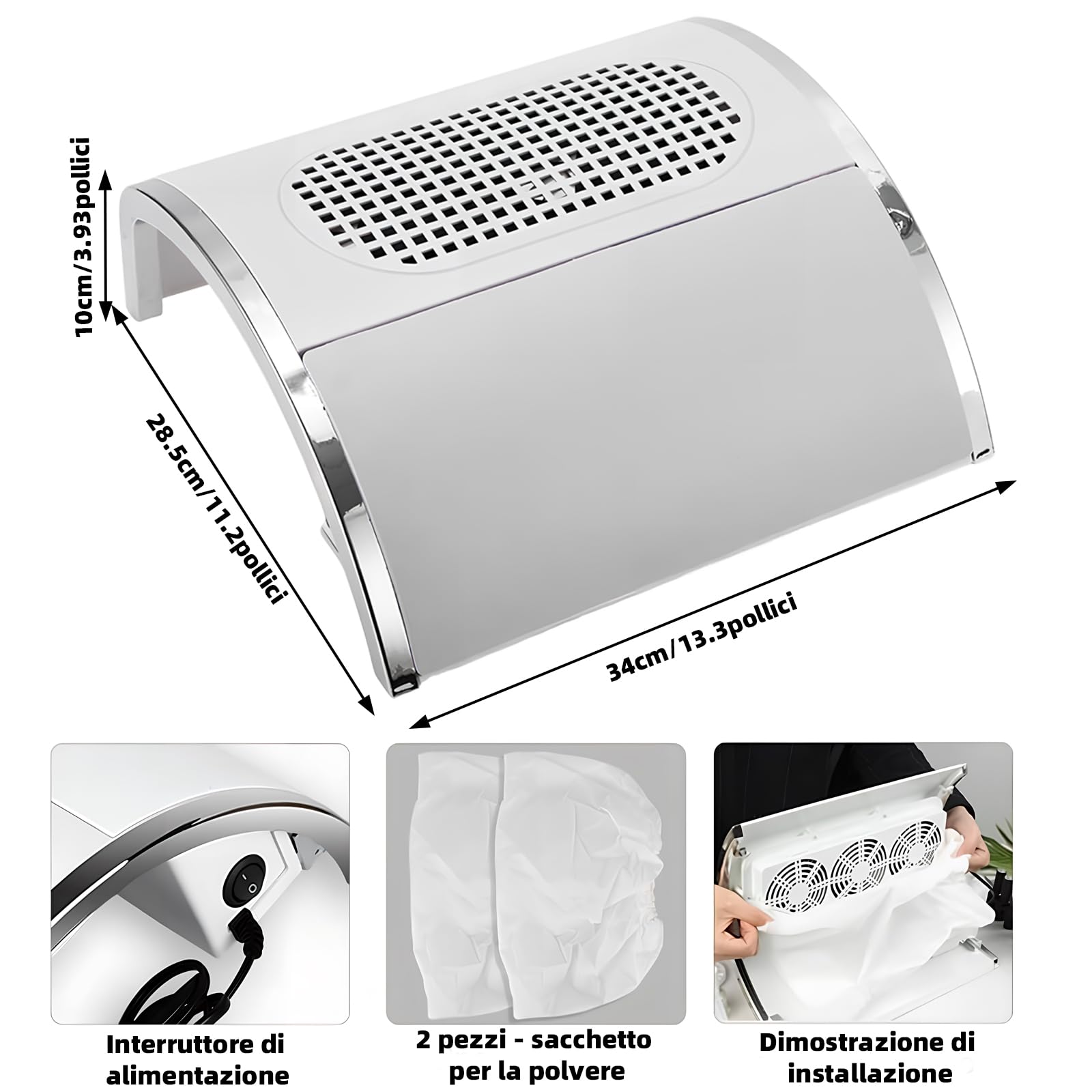 VOLTIX Aspirador de uñas profesional 40 W con 3 ventiladores – Aspirador de uñas silencioso con 2 bolsas para recoger polvo – Nail Vacuum Cleaner para reconstrucción, limado y Nail Art