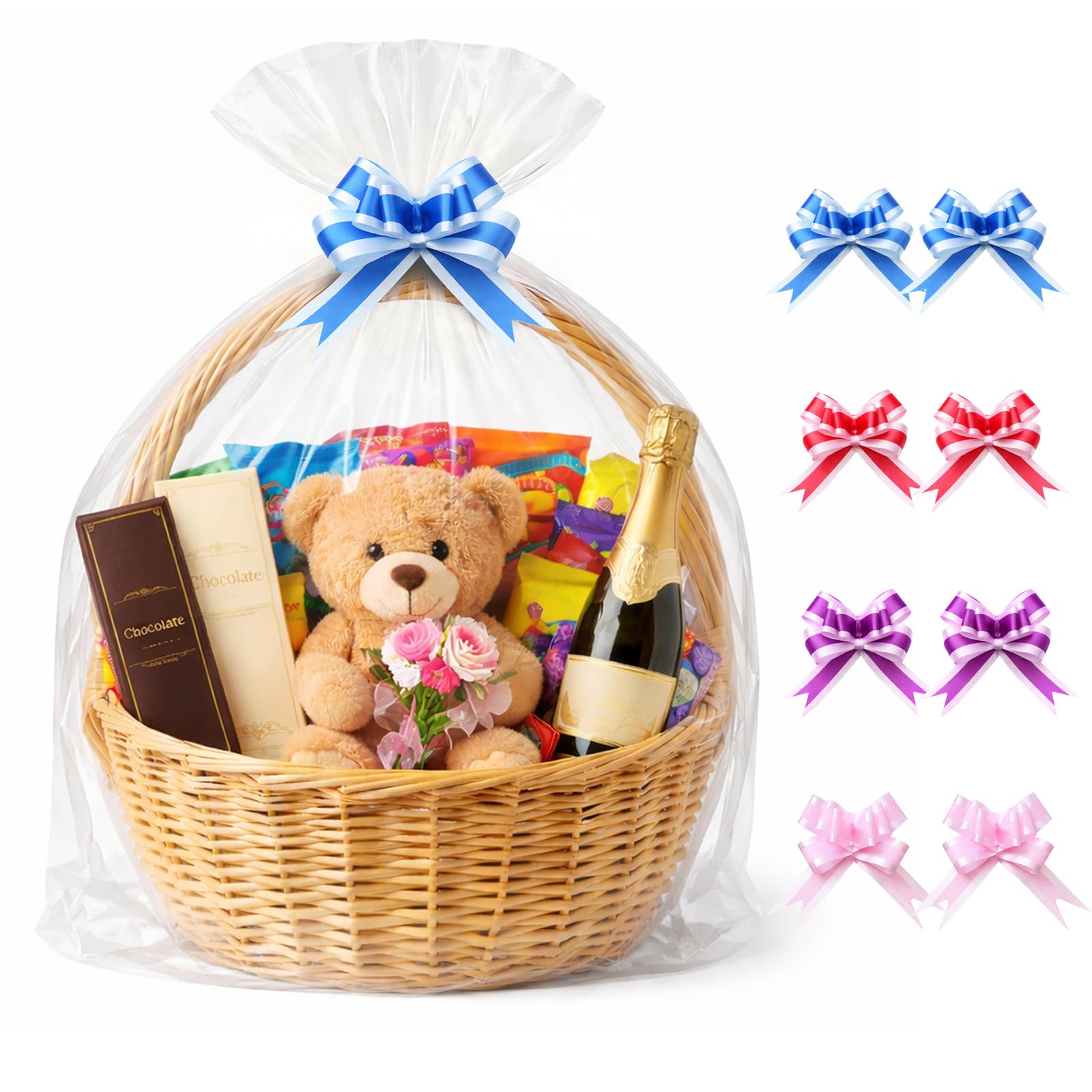8 PCS Extra Large Clear Cellophane Bags 76CM x 100CM (30" x 40"), Gift Wrapping Bags for Hampers & Gift Baskets, Weddings, Birthdays, Bridal Showers, Parties & Graduations, Comes with 8 Pull Bows