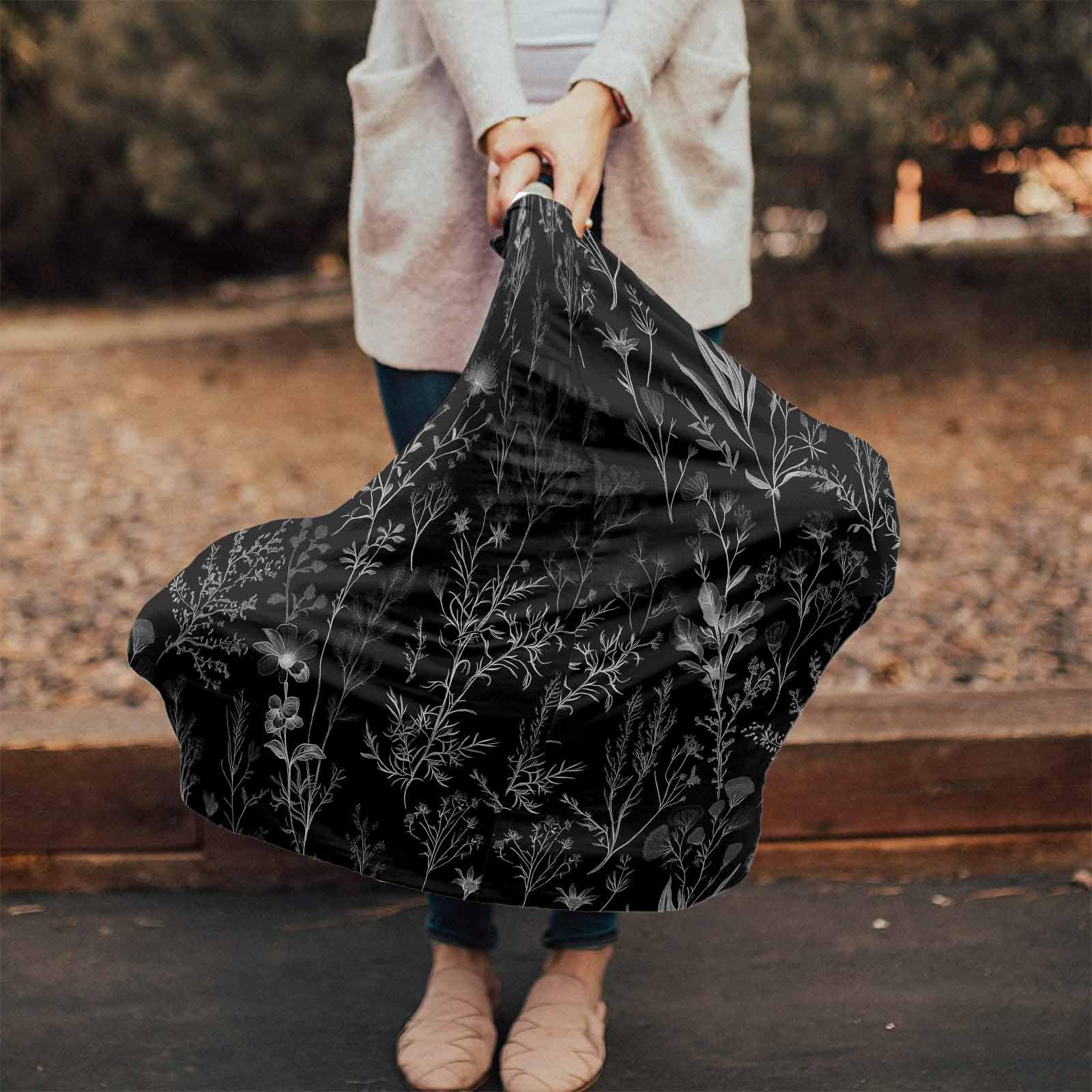 Nursing Cover for Breastfeeding Scarf, Black Plants Wildflowers Silhouette Baby Car Covers Super Soft Multi Use for Canopy Shopping Cart Cover Blanket Stroller Cover