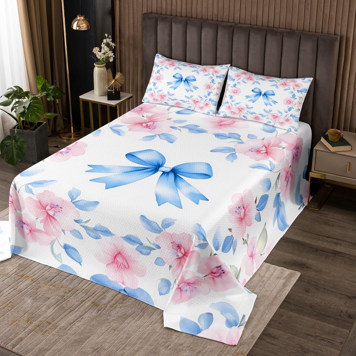 Erosebridal Blue Bowknot Twin Quilt,Pink Floral Bow Bedding Set for Girls Kids Teen,Country Cottage Flower Quilts Bed Set,Coquette Bowtie Bedspread 2Pcs Bedroom Decor with 1 Pillowsham