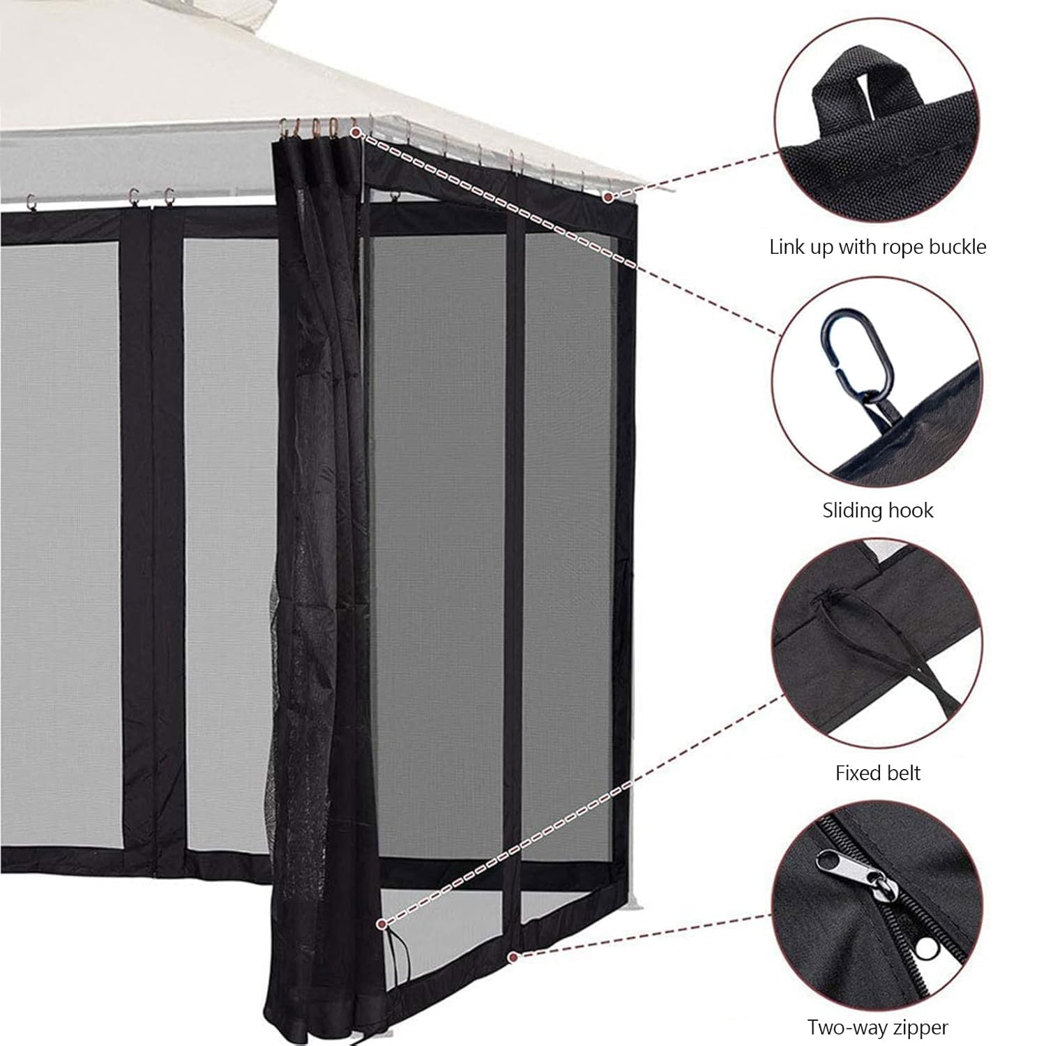 Zanzariera per Gazebo 3 x 3 m，Nero：300 x 360 x 220 cm | Rete Antizanzare per Ombrellone da Giardino Esterno, Tende Zanzariera di Ricambio Universale con Cerniere