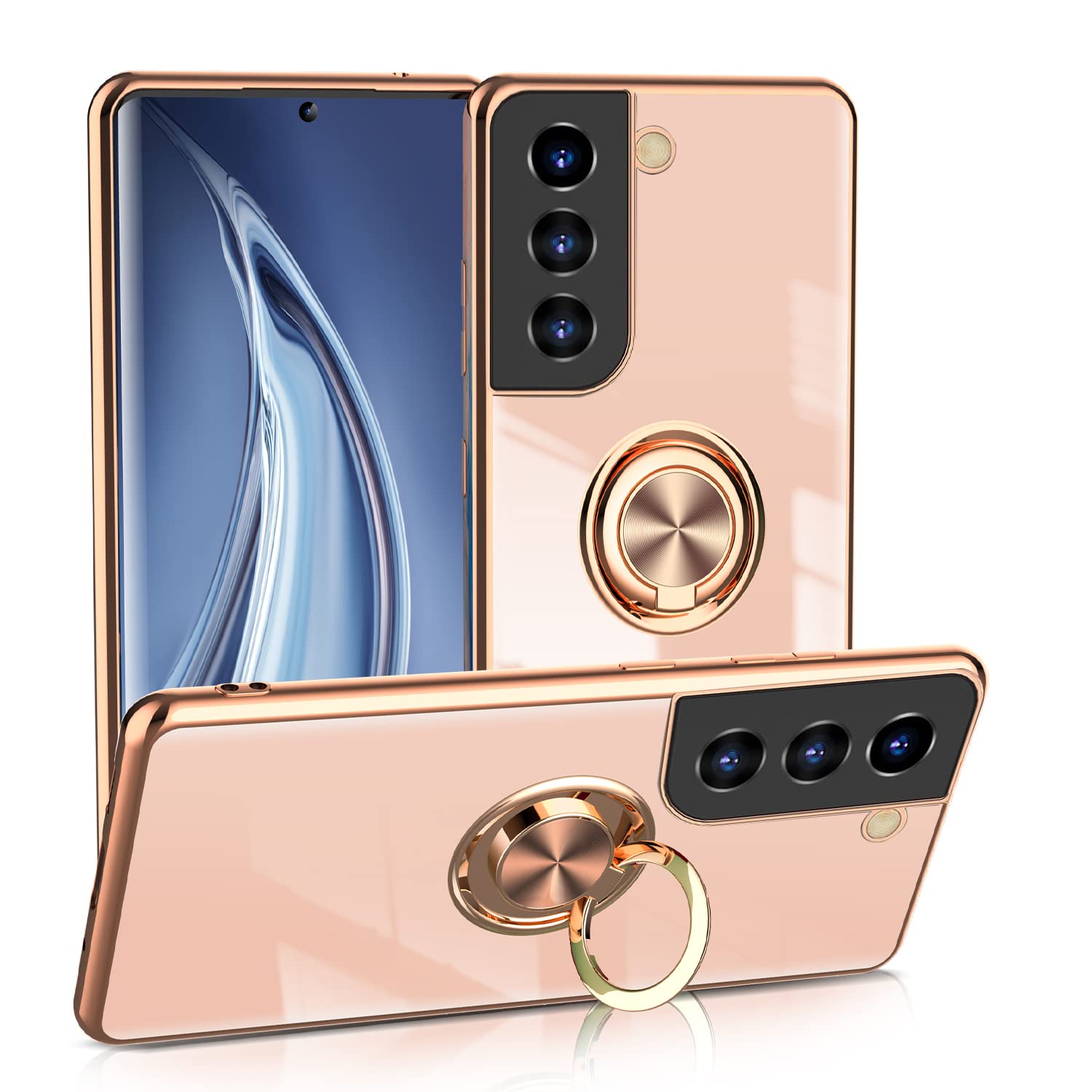 Compatible with Samsung Galaxy S21 5G 6.2" 2021 Ring Holder Case Shiny Plating Rose Gold Edge 360 Degree Rotation Kickstand for Women Girls Slim Soft Flexible TPU Protective Cover Case (Milky)