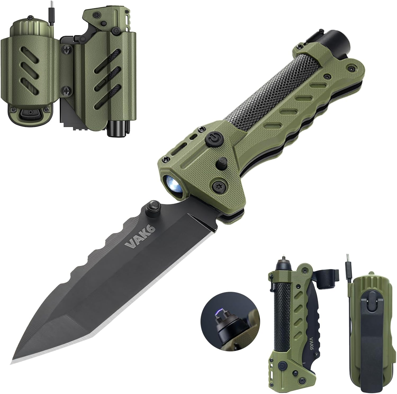 VIPERADE VAK6 Survival Multitool with Folding Knife, LED Flashlight, Pulse Ignition and Hand Crank Generator, Tenting Multitool Knife Rechargeable Flashlight with Belt Sheath (Inexperienced)