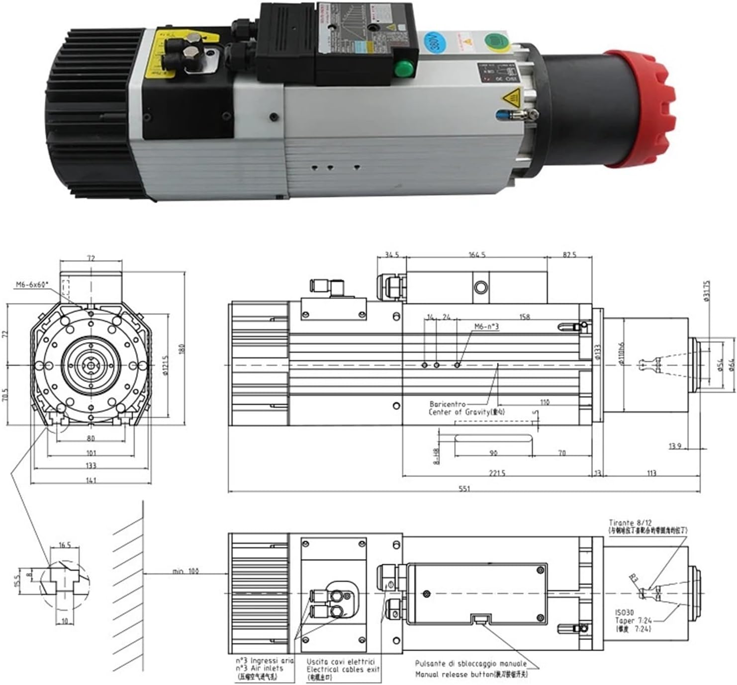 ATC air-cooled spindle 9.0KW 4-pole 220V 380V 24000rpm automatic motor ISO30 tool holder(220V)