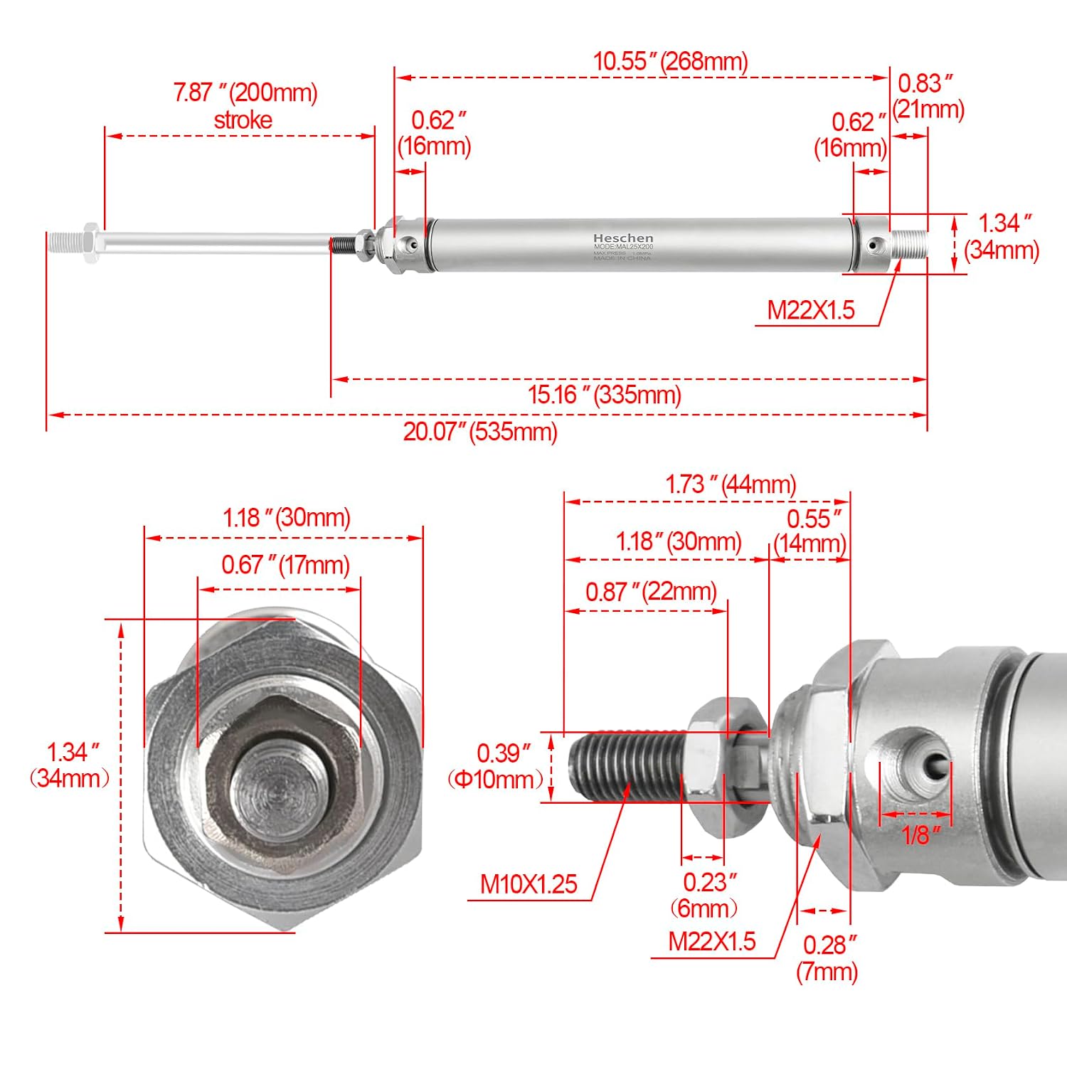 Heschen Pneumatic Slim Air Cylinder, MAL 25-200, PT1/8 Port, 25mm Bore, 200mm Stroke, Double Acting