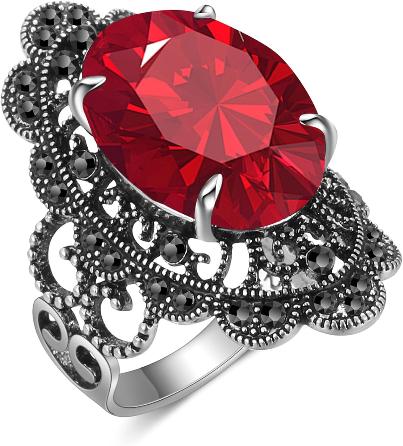 Mytys Retro Vintage Cocktail Statement Ring Black Marcasite & Crystal Rings for Women Antique Silver Big Black Onyx Stone Ring