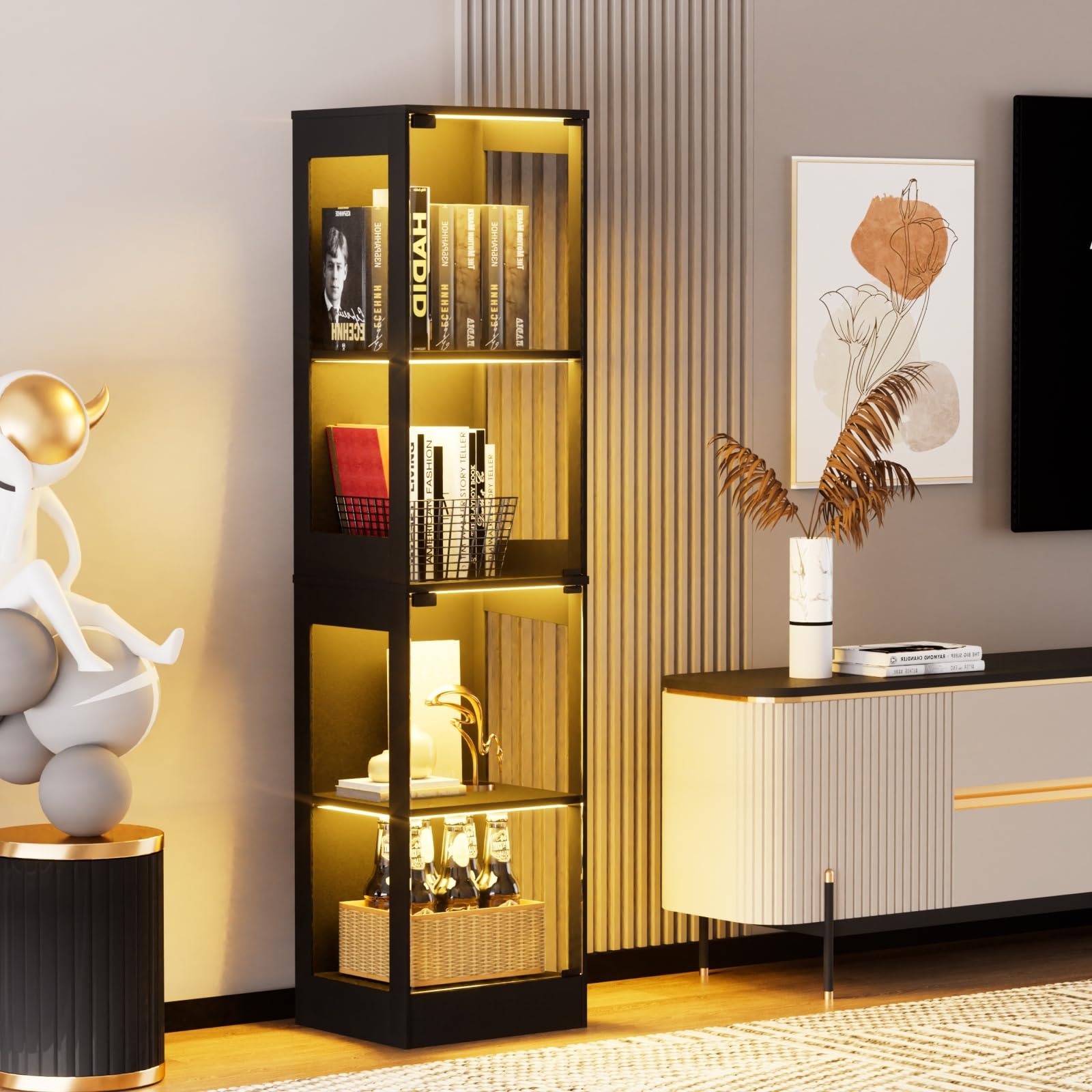 Glasvitrine Vitrine mit LED Beleuchtung & Intelligente Sensorik, 4-Lagen Standvitrine Sammlervitrine für Wohnzimmer Schlafzimmer Büro, Schwarz,40x35x165cm