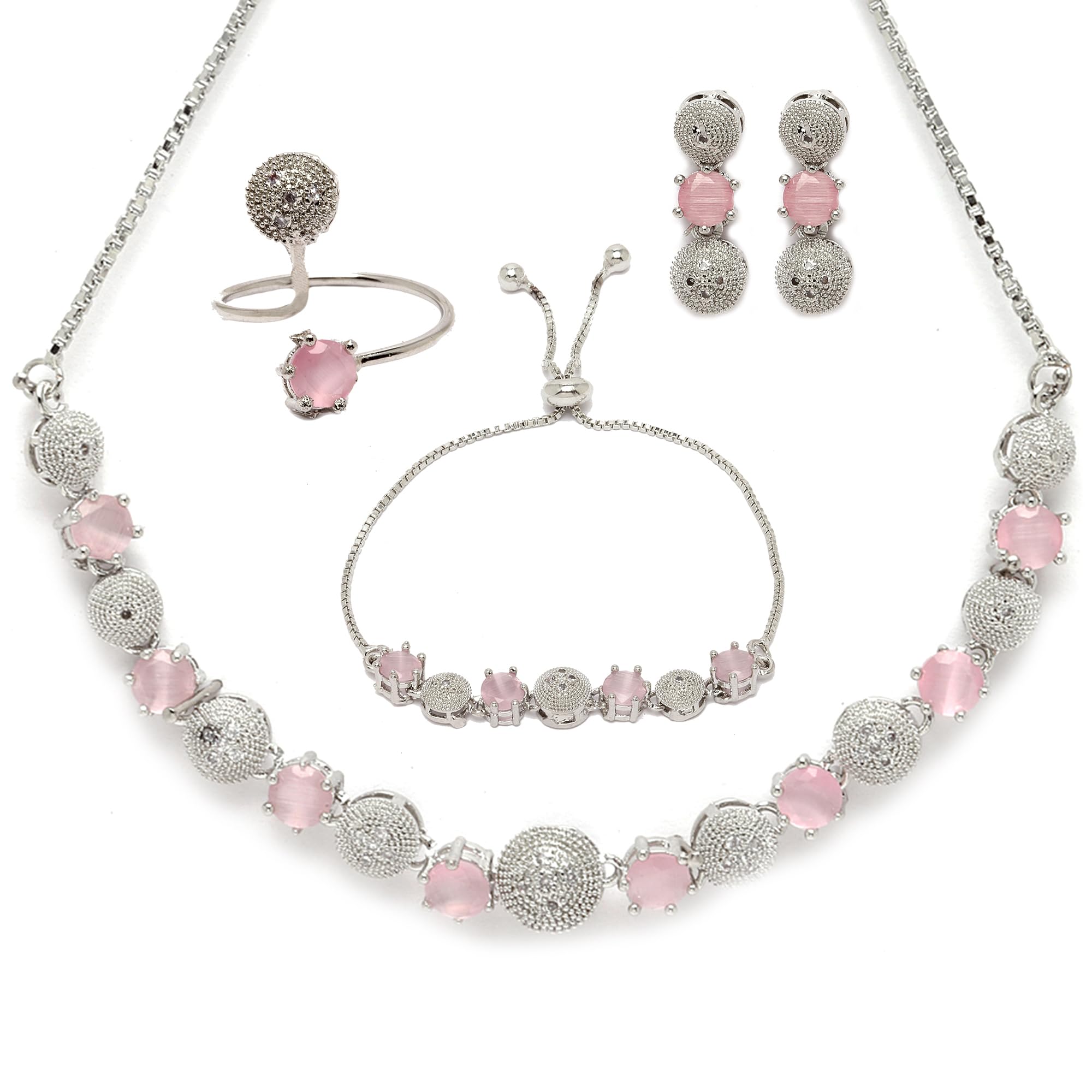 ZENEME Rhodium-Plated Silver Toned American Diamond studded Necklace, Earrings, Bracelet & Ring Jewellery Set for Girls and Women (Pink) (B0C3CVRRYC) Amazon Price History, Amazon Price Tracker