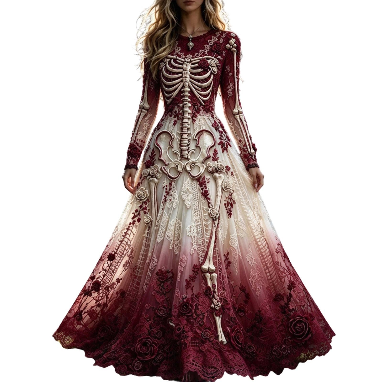 Gothic Dress Halloween Costumes for Women Skeleton Rose Print Maxi Dress Long Sleeve Round Neck Gothic Fancy Dress, Women Halloween Cosplay Costume Party Long Gown โ image 1