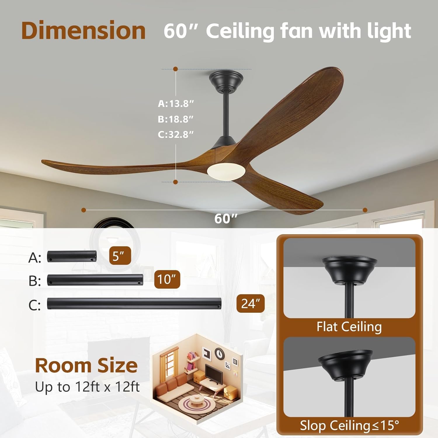 Ventilador de techo de madera de 152cm con luz, ventilador de techo de granja con motor CC reversible silencioso, ventilador de techo rústico de para exteriores para patios, pabellón, porche, cenador
