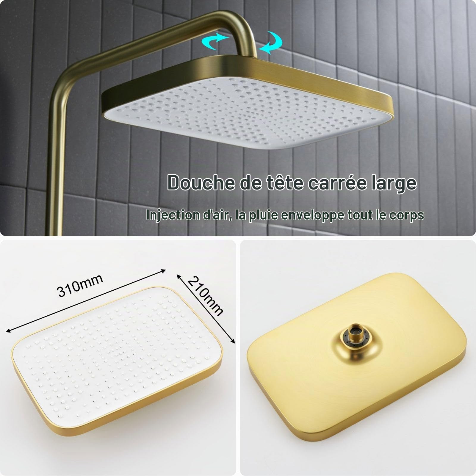Colonne de Douche Thermostatique Dorée Brossé, 4 Touches du Piano Systèmes de Douche avec Affichage Numérique LED, 30x20cm Ensemble de Douche, avec Robinet de Bain, 59A Laiton, Réglable Hauteur