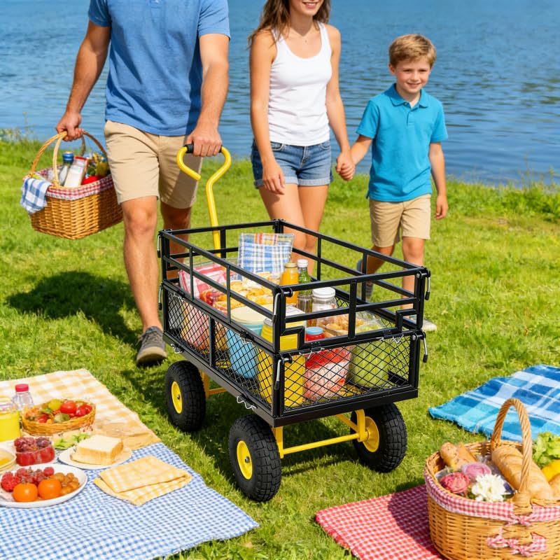 Yellow & Black Heavy-Duty Garden Utility Wagon Cart - 600 lbs Capacity, Inflatable Tires, Multi-Purpose Hauler for Firewood, Yard & Gardening