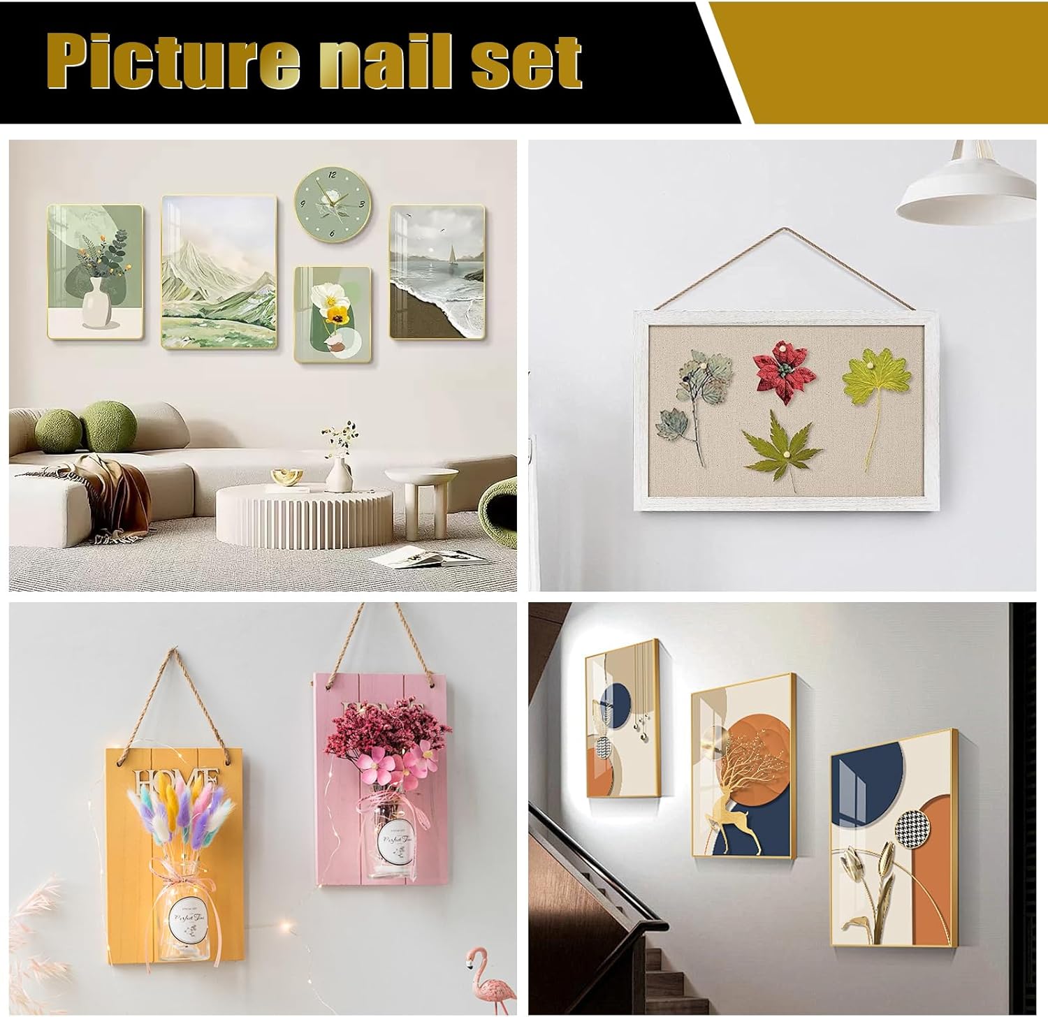 Pack of 120 Picture Nails 20/25/30/40 mm Long Brass Head Steel Nails Concrete Nails Steel Nails for Pictures Nails Set for Concrete Brick Wood Plaster Wall with 1 Compartment Box