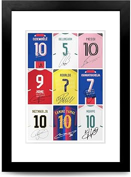 Bellingham Messi Neymar Ronaldo Mbappe Lamine Yamal Kane Dembele Kvaratskhelia Signed Photo Poster A4/A3 Print Framed Autograph Memorabilia Football Fans Gift (A4 BLACK FRAMED & MOUNTED)