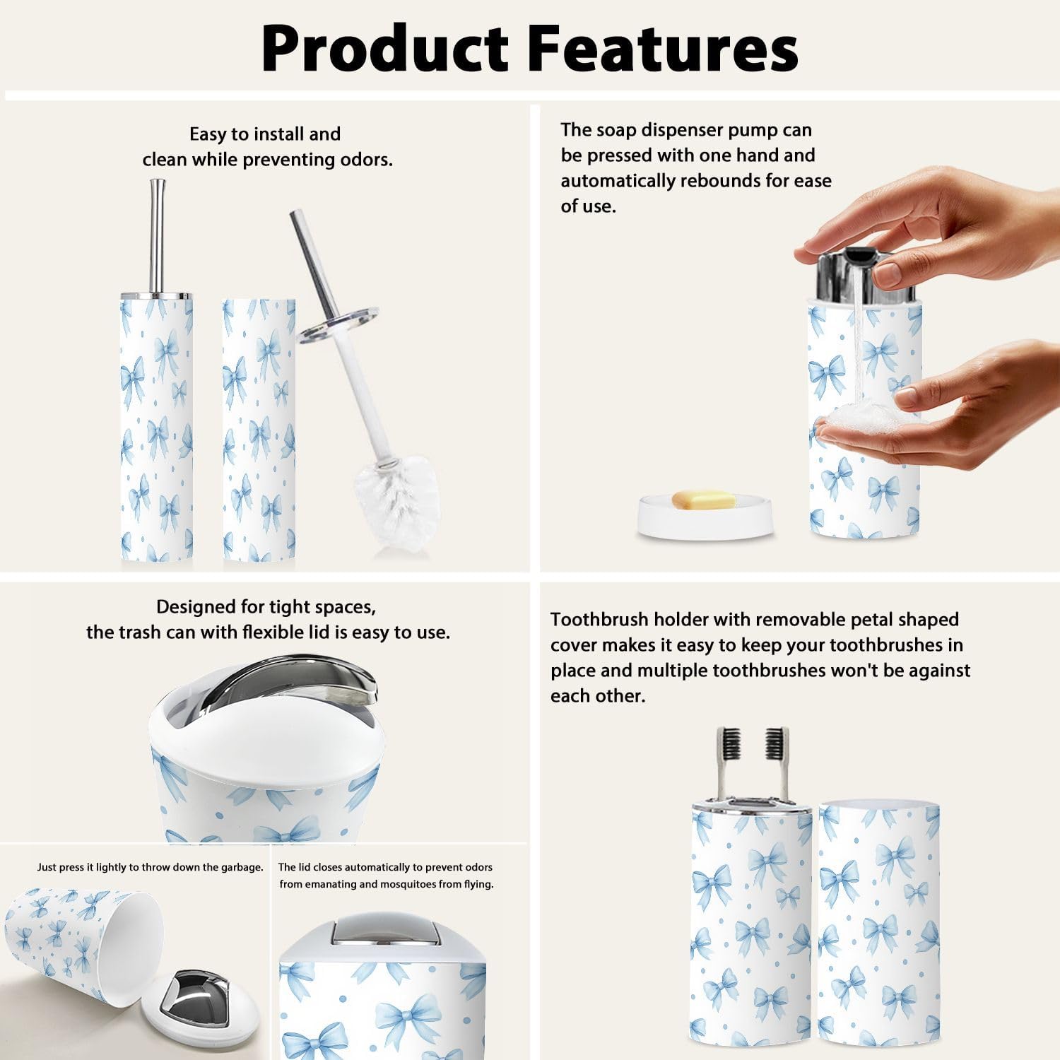 Bathroom Accessory Set 6PCS Blue Bow Polka Dots White Trash Can, Soap Dispenser, Toothbrush Holder, Toothbrush Cup, Toilet Brush Holder, Soap Dish for Gifts