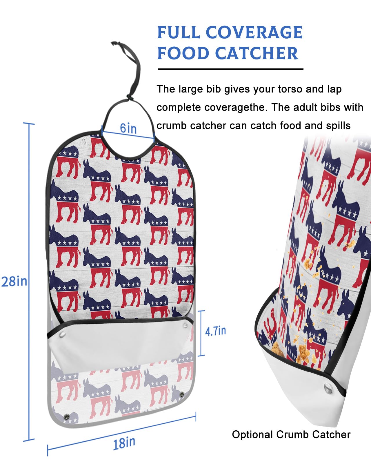 Kewadony Adult Bibs for Elderly Women - American Flag Star Donkey Waterproof Dining Clothing Protectors with Crumb Catcher for Eating/Feeding, Red Blue Funny Animal Terry Cloth Bib Machine Washable