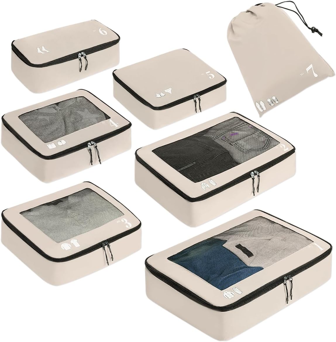 ECOHUB 7 Set Packing Cubes Tear-Resistant Luggage Packing Organizers with Number Icon for Travel Accessories Luggage Suitcase Machine Washable Packing Cubes (Beige)
