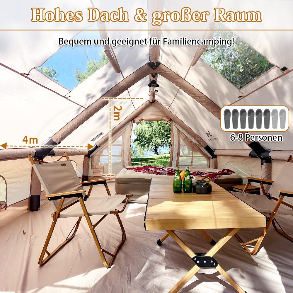 TOMOUNT Großes Aufblasbares Zelt Für 6 Personen – 300D Wasserdichtes Polyester, Mit Ofenrohr-Öffnung, TPU-Fenstern, Luftpumpe & Tragetasche – Ideal Für Familiencamping, Winter & Sommer