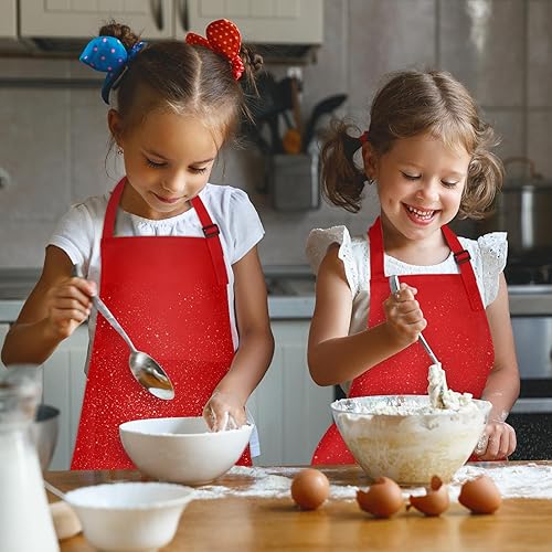 Miniatura 5 de PLULON 12 delantales ajustables para niños, delantales rojos a granel con bolsillo para pintura para niños y niñas, pintura, cocina, hornear (rojo)