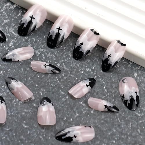 Miniatura 3 de Uñas postizas a presión para Halloween, color negro, uñas postizas a presión, color negro, almendra, cobertura completa, pegamento de uñas postizas