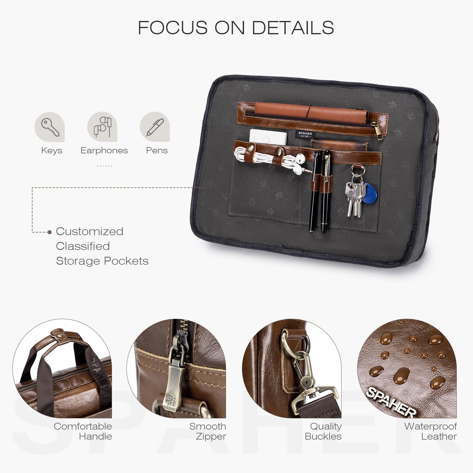SPAHER Maletín Portátil 15.6 Pulgadas Cuero Hombre Portadocumentos Ordenador de Trabajo Regalo