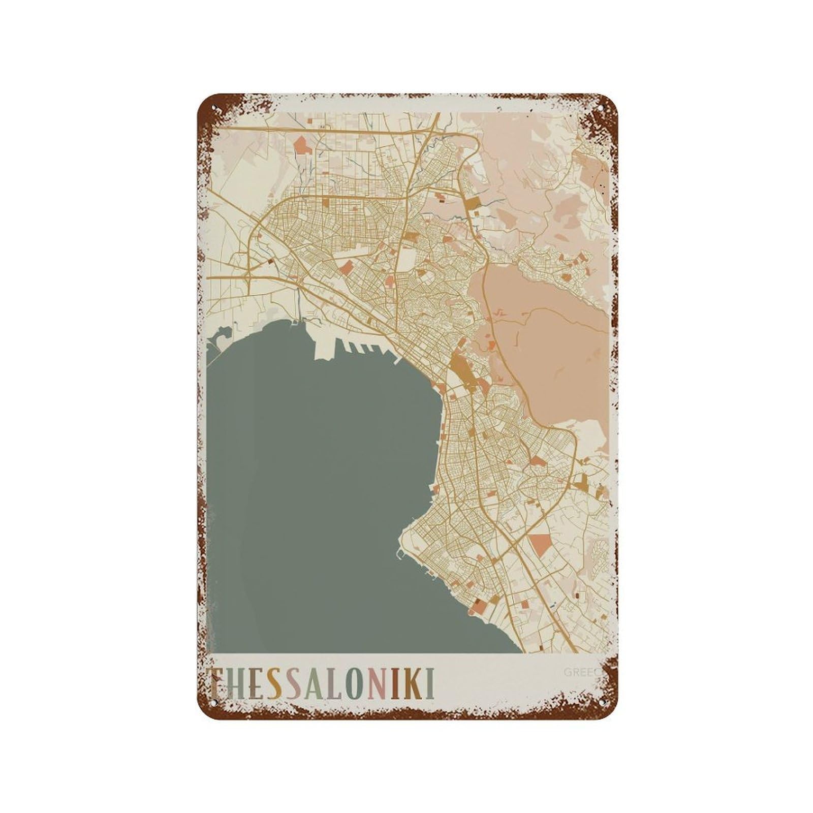 xiaoxiaoshen Thessaloniki Map Greece Travel Gift Boho Decor Wall Decor Art Metal Tin Poster Modern Home Decor Art Home Bar Shop Decorations Vintage Sign 30x20cm