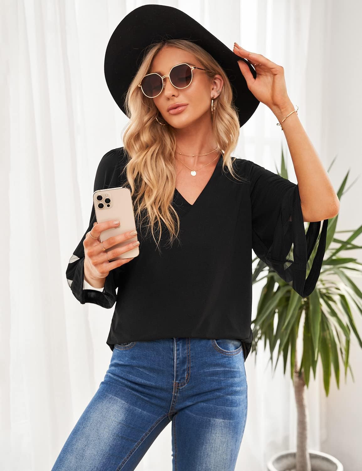 LookbookStore Women's V Neck Mesh Panel Blouse 3/4 Bell Sleeve Loose Top Shirt - Image 5