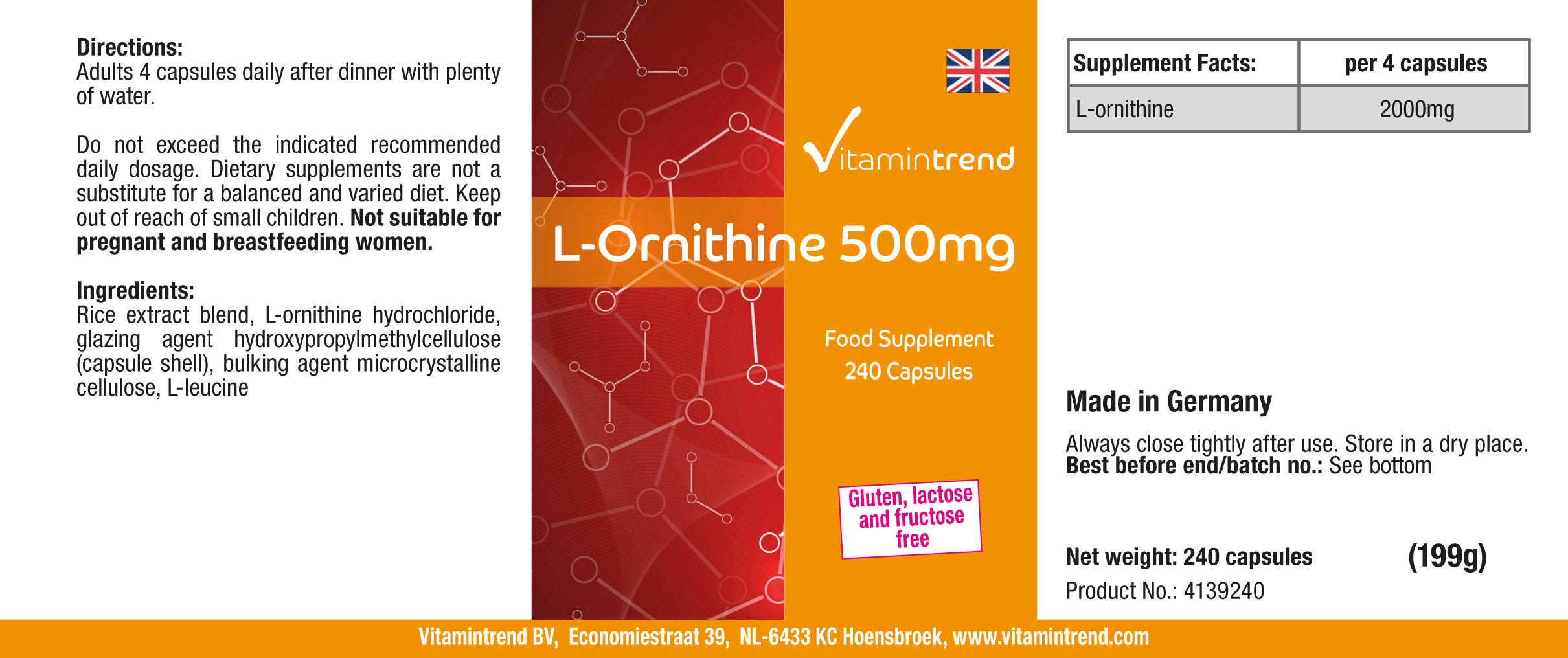 Vitamintrend L-ornithine 500 mg, 240 gélules, hautement dosé, complément alimentaire vegan sans stéarate de magnésium, fabriqué en Allemagne