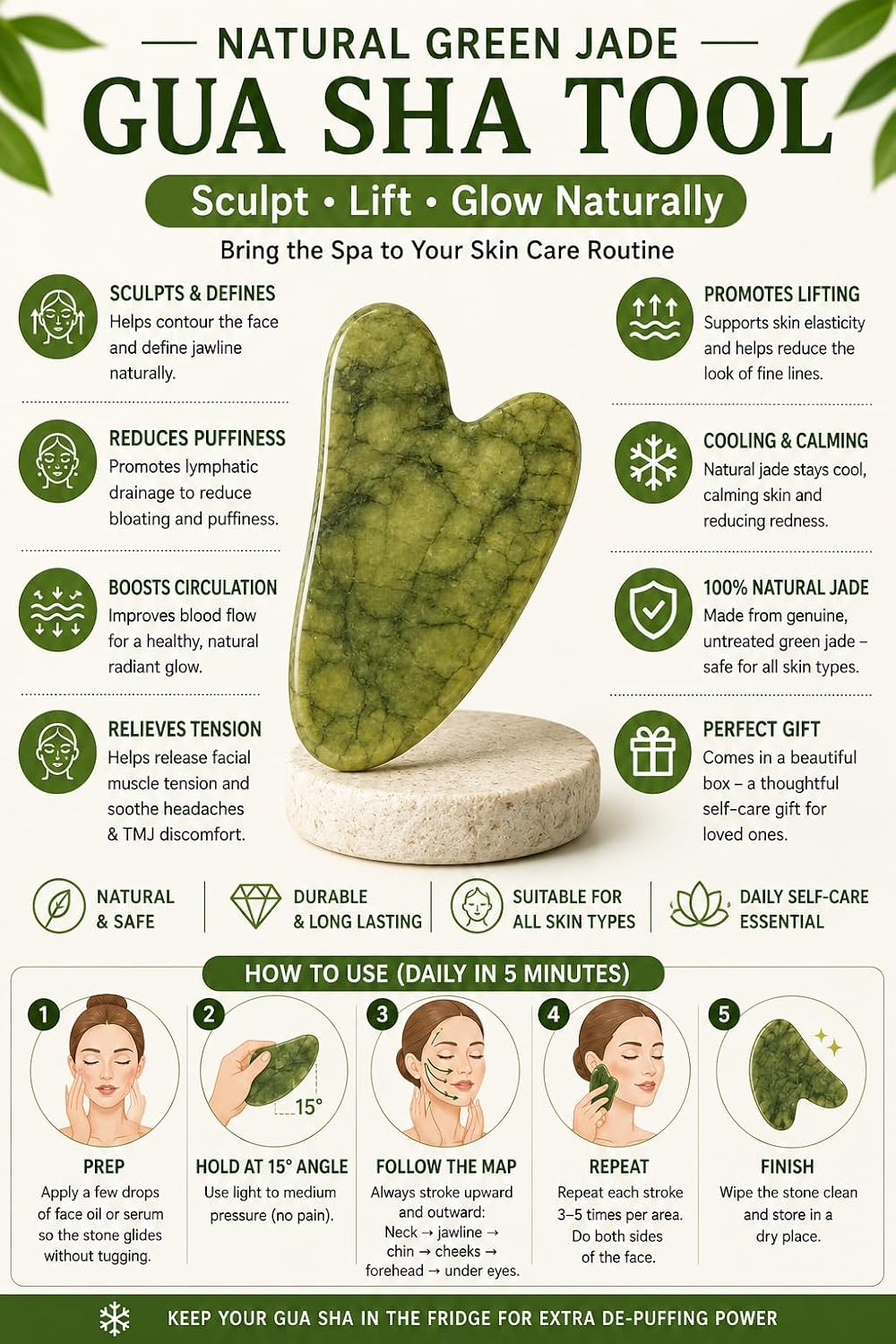 Gua Sha Facial Tool, Natural Green Jade Gua Sha Stone for Face & Neck, Facial Massage Tool for Lymphatic Drainage, Jawline Sculpting, Depuffing, Skin Care Beauty Tool for Women & Men