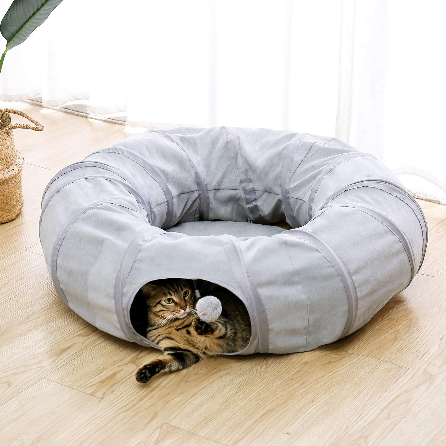 PAWZ Road Tunnel pour Chat Chat Jouet Chien Tunnel Donut Cercle Forme Pliable Amovible Gris | Lit tunnel pour chat avec tapis central, trou et boules suspendues