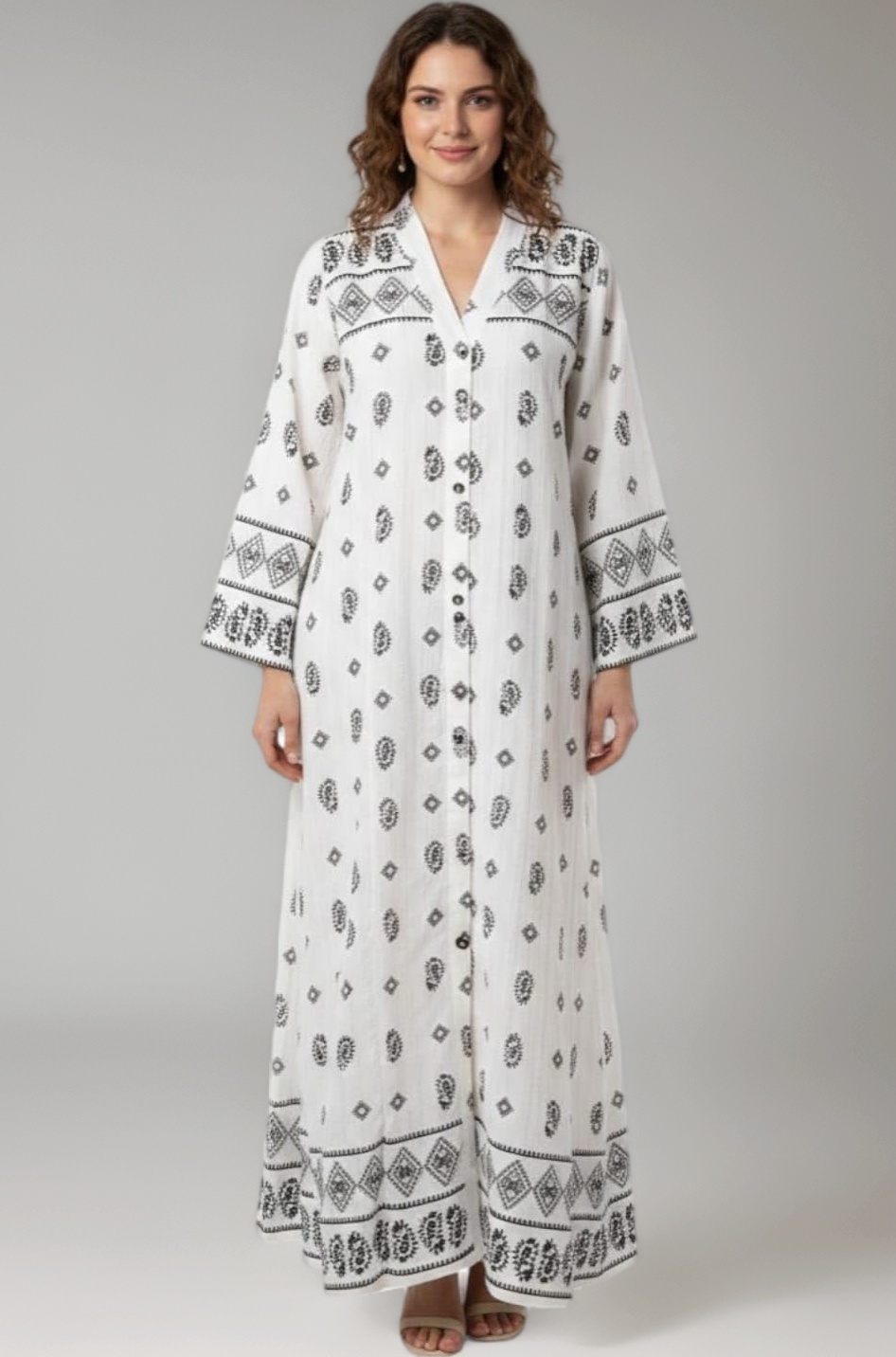 Women's Graphics Print Maxi Dress, Black and White Graphic Printed Abaya, Long Sleeve, Collared Shirt Style, Modest Islamic Abaya