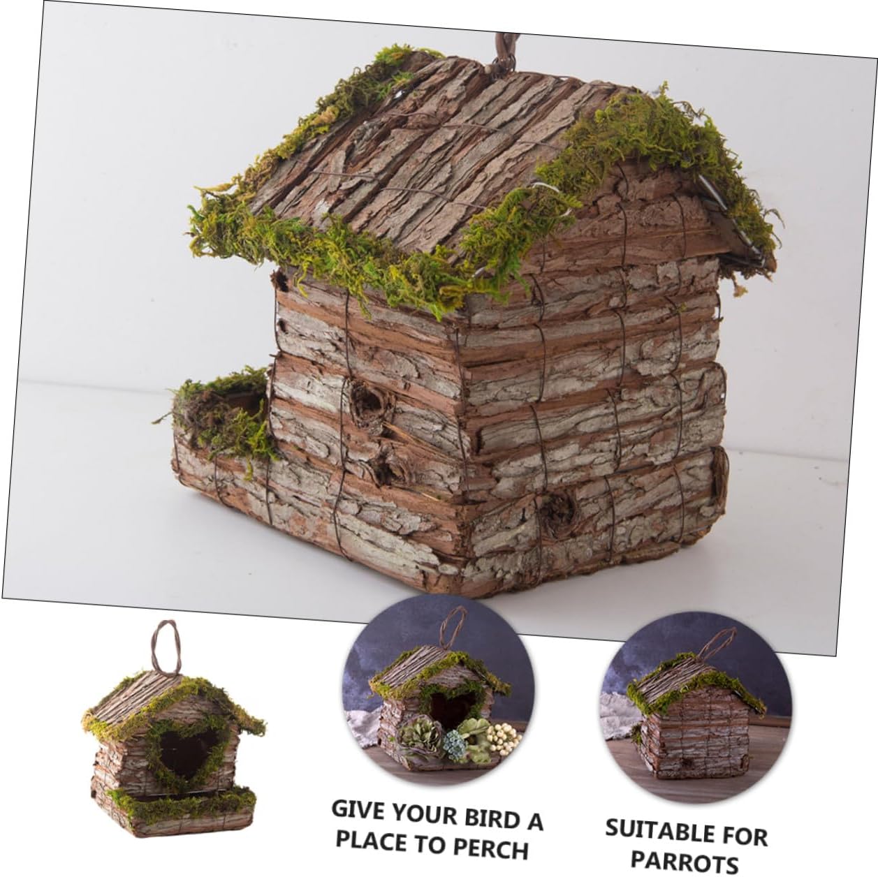 Operitacx Hanging Wooden Birdhouse with Moss Bark Nest Creative Garden Birds Shelter for Backyard Wildlife Natural Rustic Bird Nest for Sparrows