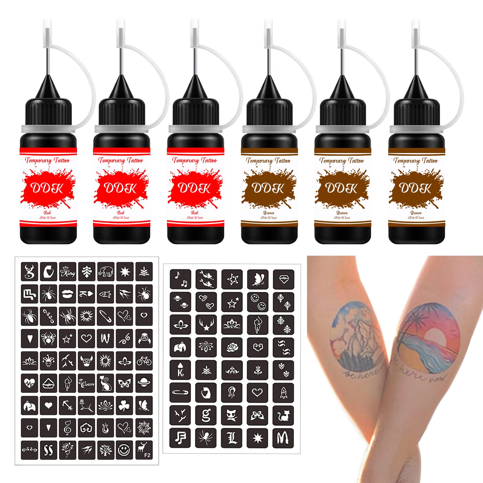 Temporary Tattoo Kit with 6 Bottles Semi Permanent Ink DIY Fake Freckles and 64 Patterns Adhensive Stencils for Women Men, Brown/Red