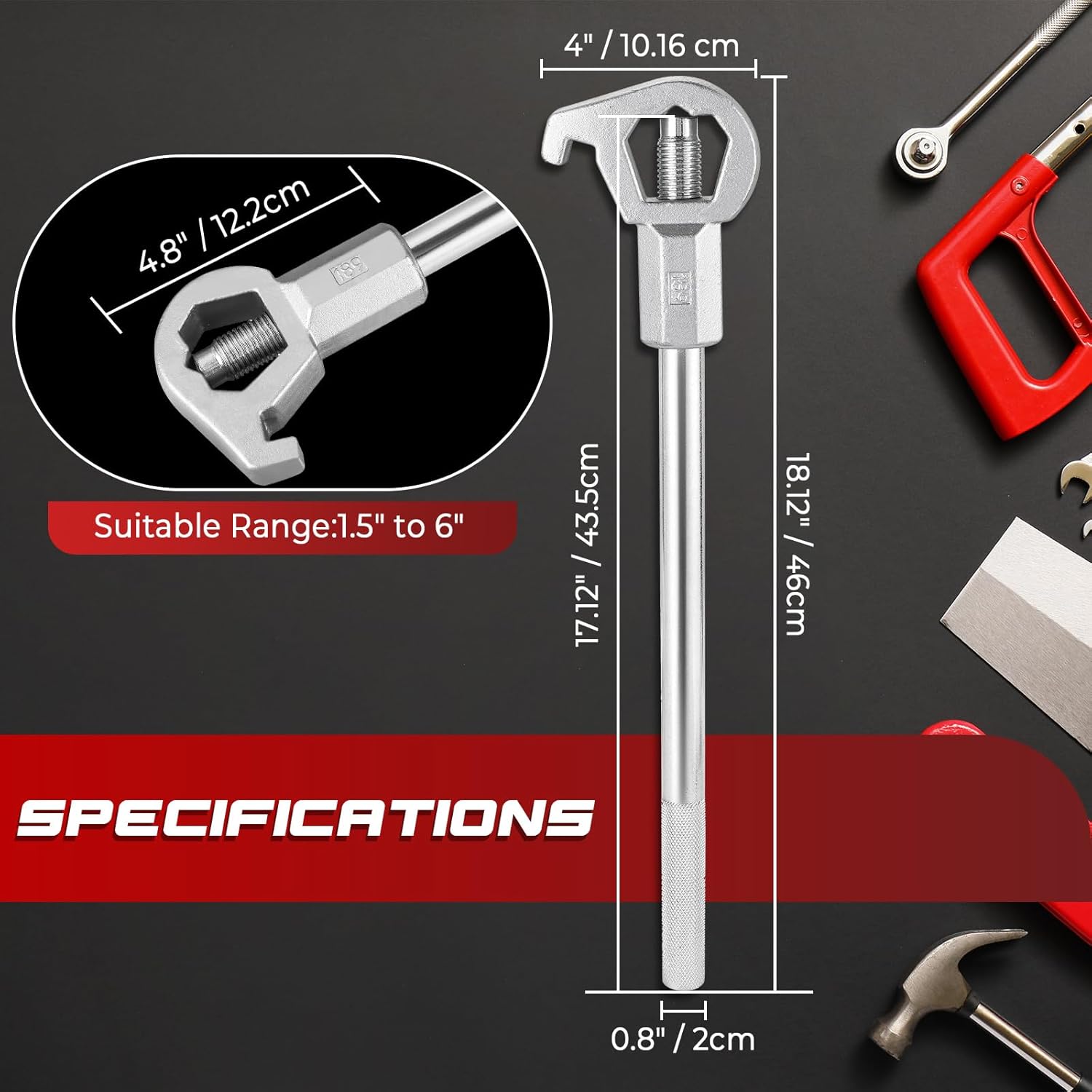 NATGAI Fire Hydrant Wrench Tool, Adjustable Hydrant Spanner Fits 1-1/2" to 6" Nut Sizes, Works on Pentagonal and Square Hydrant Nuts, for Loosening Caps, Opening Valves, and Tightening Nuts & Fittings