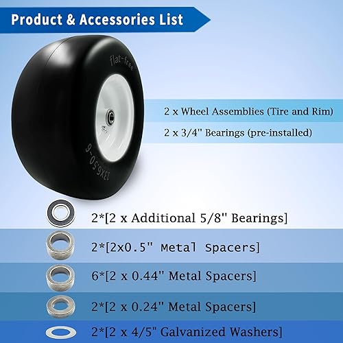 Miniatura 5 de 2 PCS Premium 13x6.5-6 Flat Free Tire and Wheel for Lawn Mowers & Zero Turn Mowers, with 34" & 58" Grease Bushing and 4"-7.2" Centered Hub, Solution