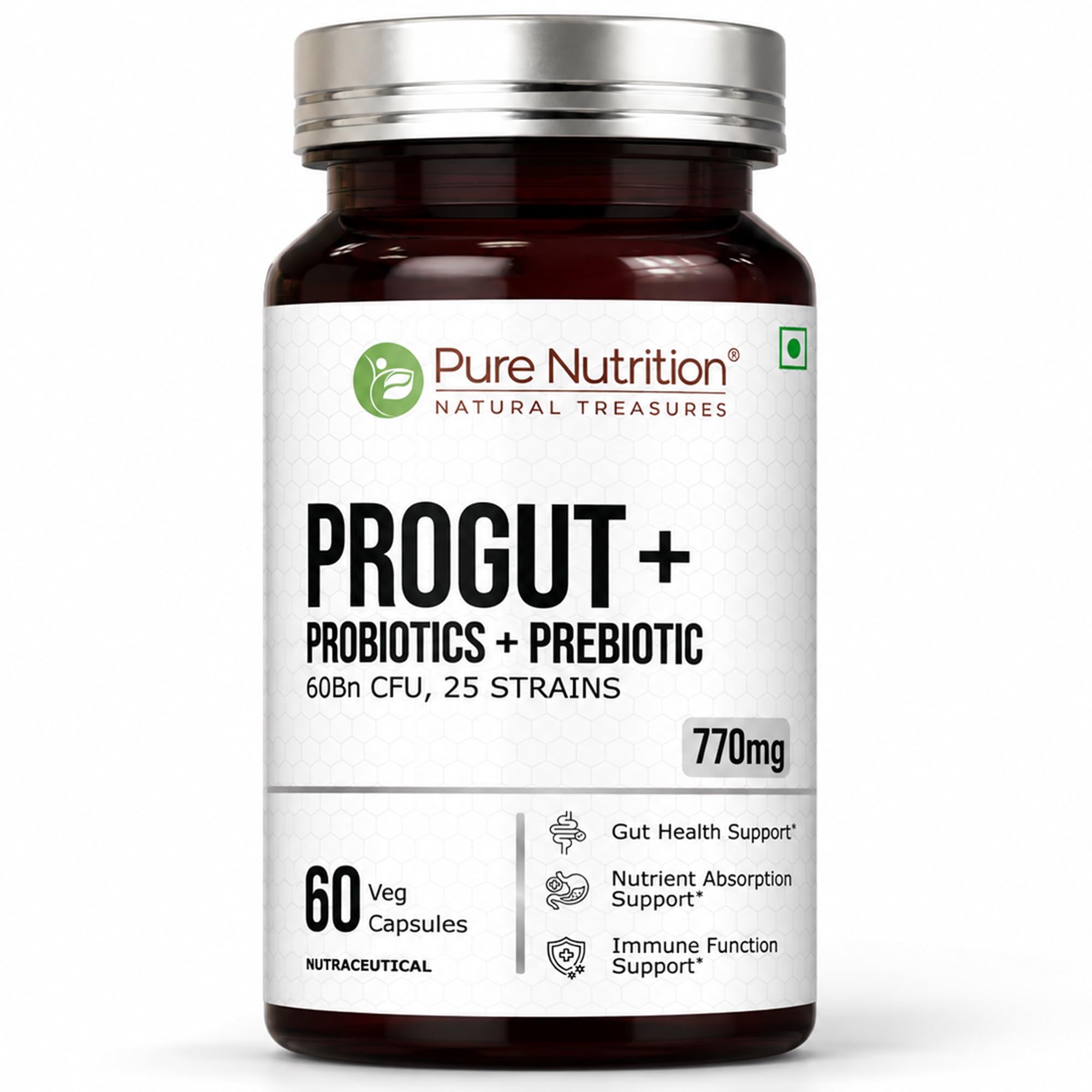 Pure Nutrition ProGut+ (770mg) | 60 Veg Capsules | Probiotic & Prebiotic Supplement | 25 Strains, 60 Billion CFU | Supports Digestive & Gut Health-image-14