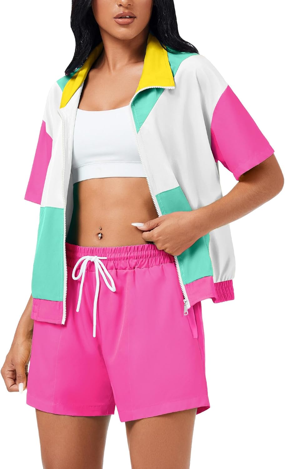 ZDT Women's Color Block 80s 90s Outfit 2 Piece Short Sleeve Costume Zip Up Windbreaker Track Suits Set